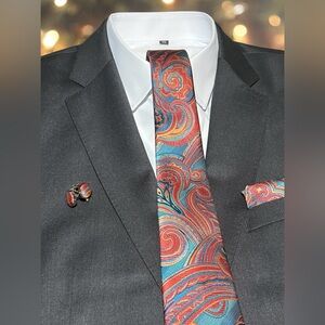 3 Piece Tie Set Teal Orange & Yellow Wave Print 57.5” x 3.25”
